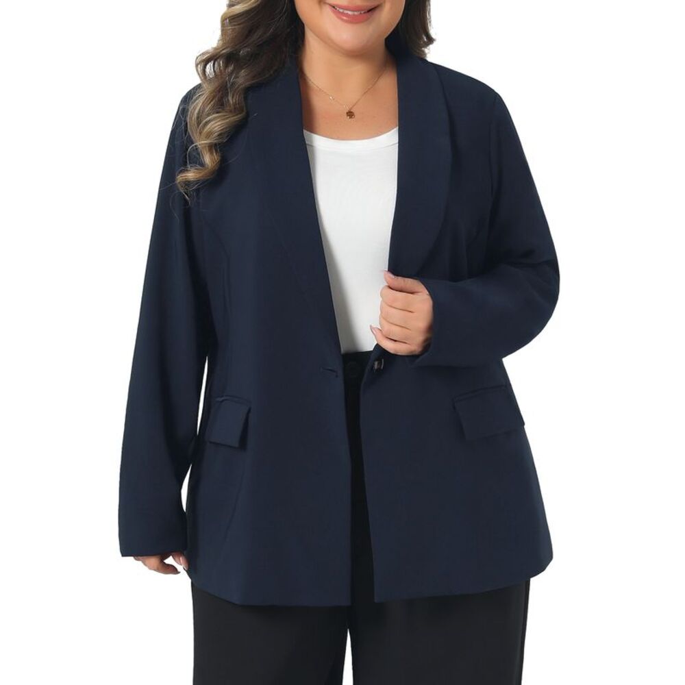 Women Plus Size Lapel Button Work Business Jacket Blazers Dark Blue